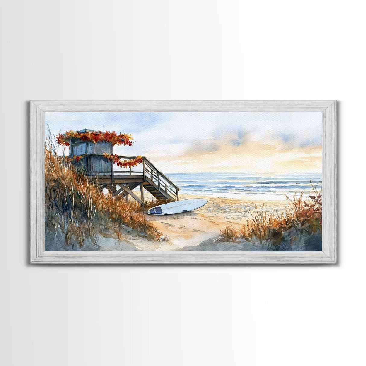 Christmas vacation decor Framed Canvas Print coastal beach cabin snowy winter landscape holiday decor gallery wall Christmas wall print