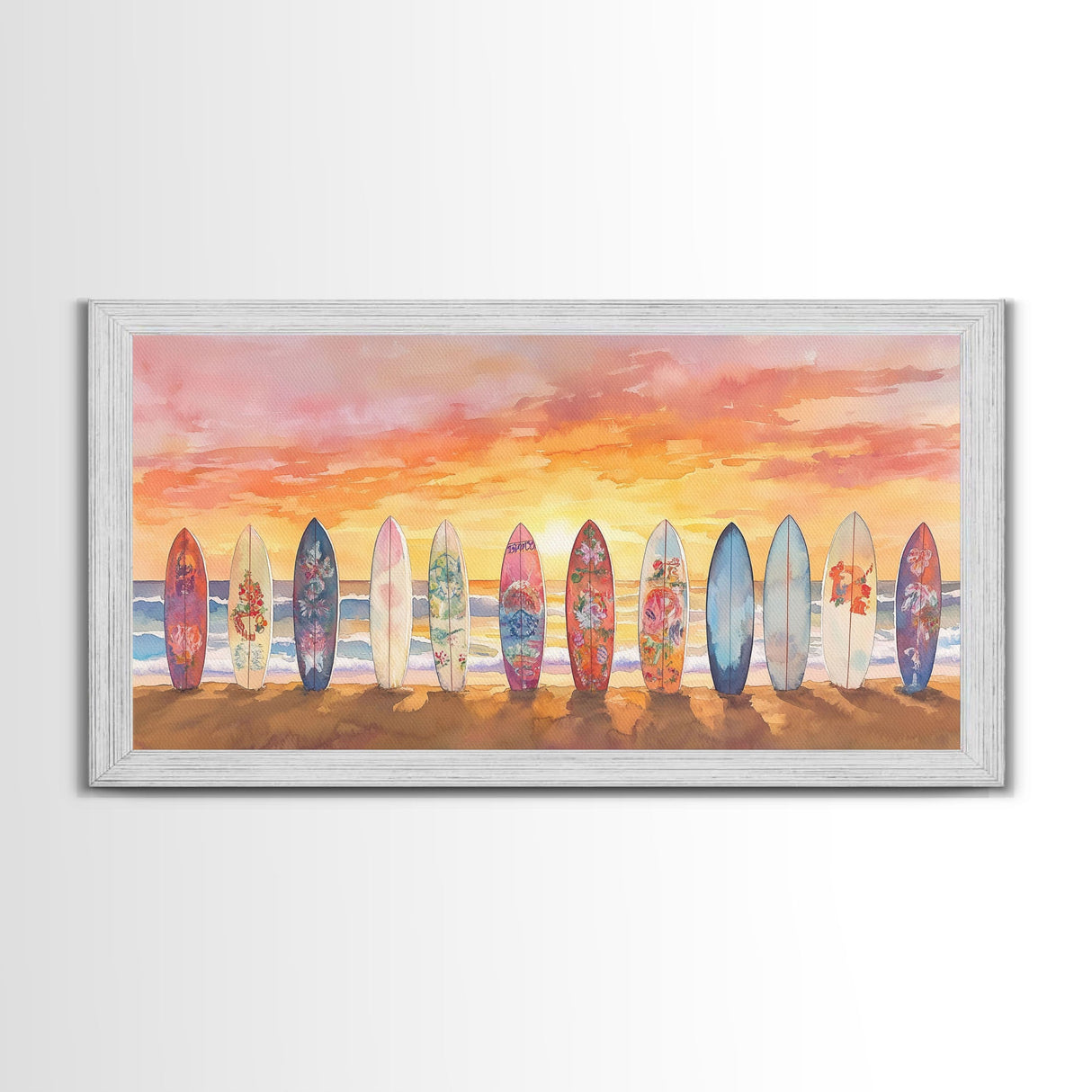 Vibrant Sunset Beach Art Surfboard Canvas Print Tropical Beach Wall Art Framed Canvas Print Fall Beach Scene Autumn Surfboard Decor