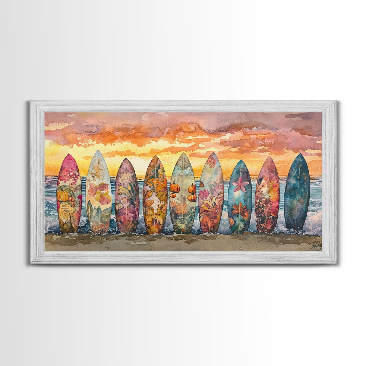 Fall Surfboards Beach Art Print Canvas Wall Art Autumn Surfboard Beach Scene Seasonal Wall Art Framed Canvas Print Fall Beach Decor