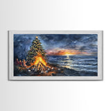 Beach Christmas decor with bonfire, sunset coastal holiday wall art, Christmas tree print, festive coastal art gift, framed canvas print