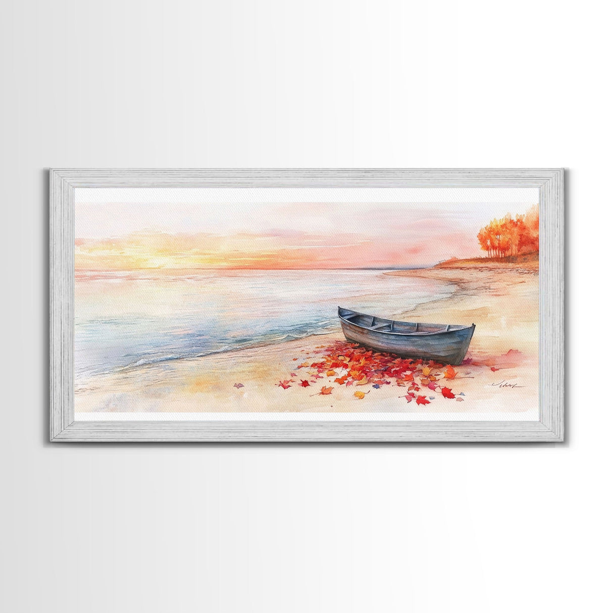 Autumn beach landscape art, fall sunset wall art, coastal boat decor, beach fall home decor, seasonal wall art gift, framed canvas print