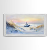 Seaside winter ship art, beach winter landscape, coastal holiday art, framed canvas print, nautical decor, Christmas wall art