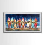 Surfboards with Christmas lights, tropical Christmas wall art, beach holiday decor, framed canvas print, coastal Christmas art, festive art