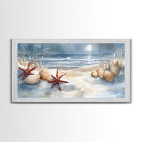 Snow-Covered Beach with Shells and Starfish, Framed Canvas Print, Coastal Holiday Decor, Nautical Christmas Art, Beach Christmas Art Gift