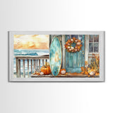 Coastal Surfboard and Pumpkins Fall Scene, Framed Canvas Print, Autumn Beach Decor, Fall Home Decor, Wall Art, Coastal Autumn Wall Print