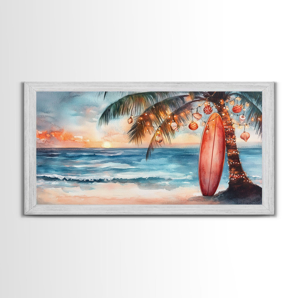 Tropical Palm Tree with Christmas Ornaments at Sunset, Framed Canvas Print, Beach Art, Tropical Christmas Decor, Coastal Holiday Wall Art