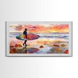 Autumn Surfing Sunset Canvas Print | Fall Surf Art Gift | Seasonal Wall Art Decor | Gift Idea | Beach Decor Fall Theme | Framed Canvas Print