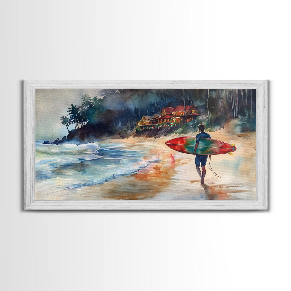 Surfer at Coastal Christmas House Canvas Print | Tropical Christmas Wall Art | Beach House Holiday Decor | 2024 Coastal Christmas Art Gift