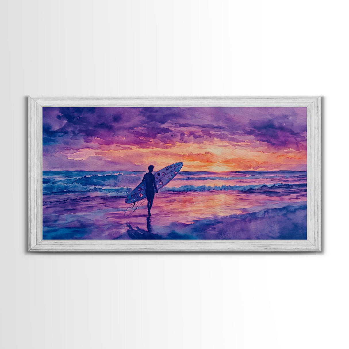 Surfing Beach Sunset Canvas Print | Purple Hues Coastal Decor | Framed Wall Art Christmas Beach Scene | 2024 Holiday Decor Christmas Gift