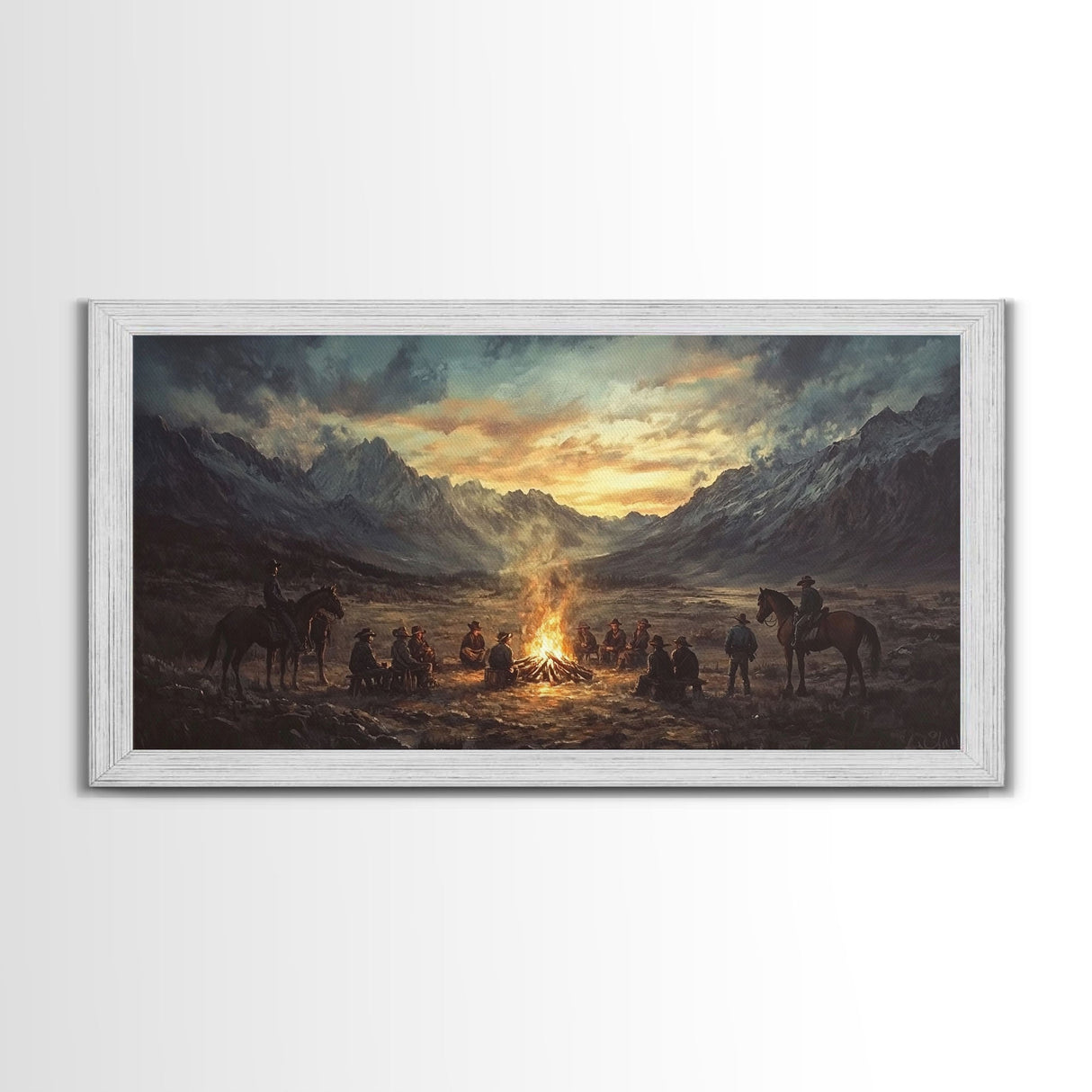 Sunset Cowboys Around Campfire Framed Canvas Print Western Scenic Art Perfect Winter Wall Decor and Rustic Mountain Cabin Art