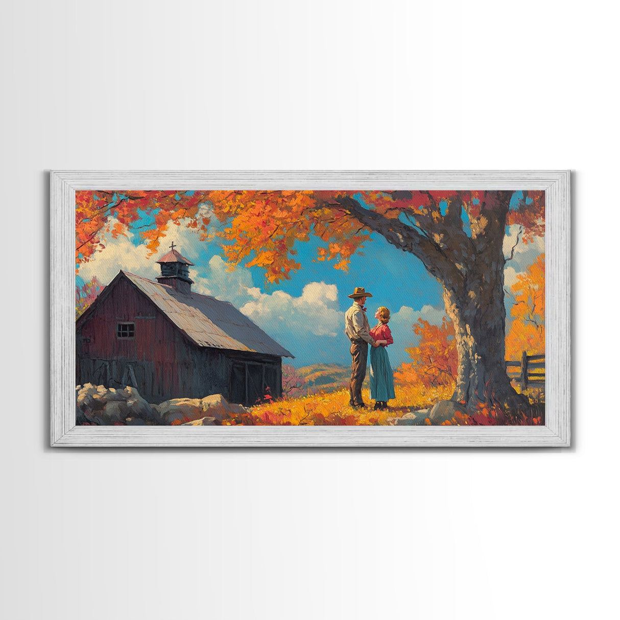 Our First House, Framed Canvas Print, Cowboy & Cowgirl In Love, Fall Landscape Western Art Wall Decor Seasonal Wall Art