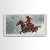 Rider In The Snow, Framed Canvas Print, Winter Wall Art, Rustic Western Decor, Primitive Home Decor, Rustic Farmhouse Art