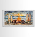 Surfboards And Bonfire On The Beach At Sunset, Tropical Coastal Wall Art, Beach Christmas Decor, Framed Canvas Print