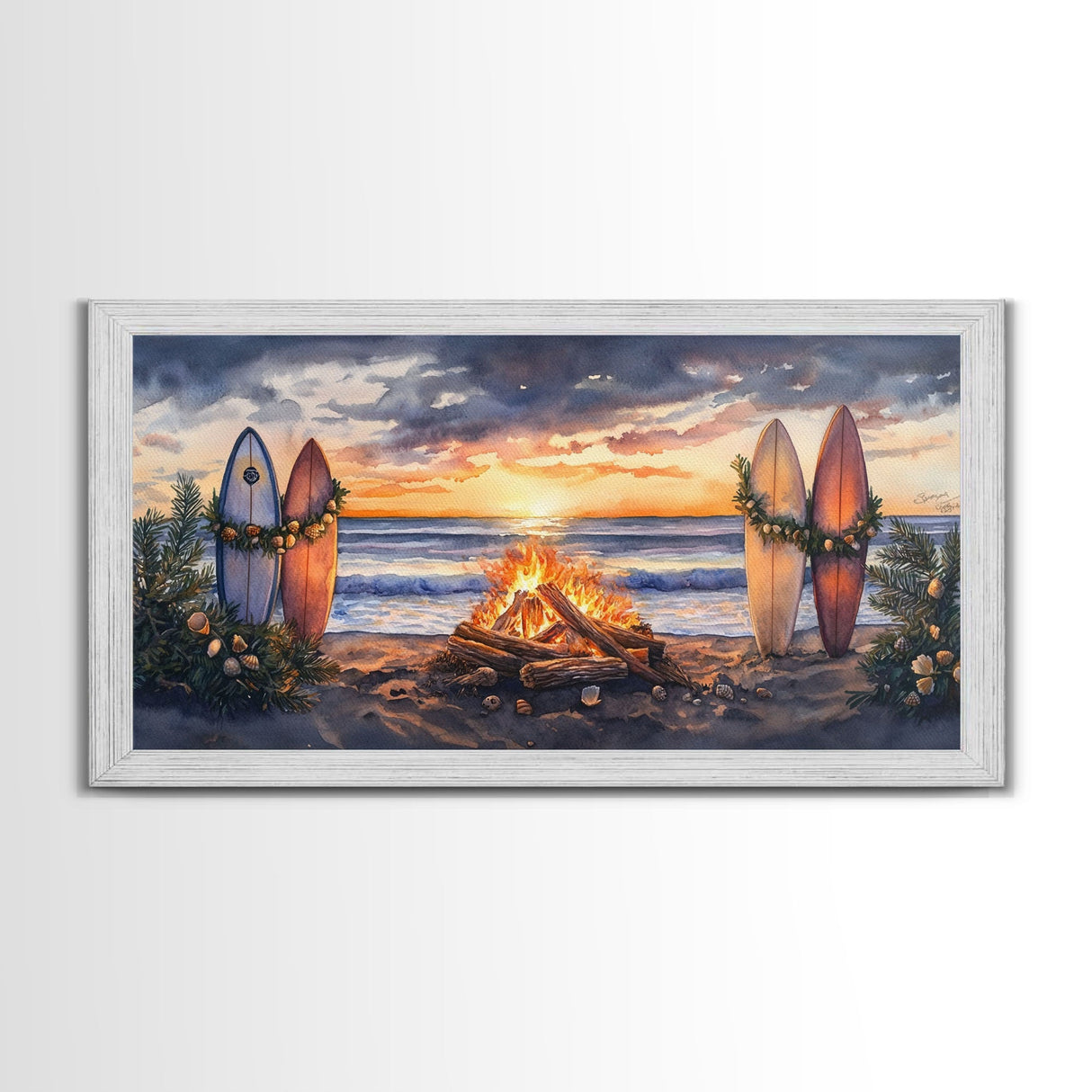 Surfboards With Christmas Garland By Bonfire At Sunset, Tropical Christmas Beach Wall Art, Coastal Holiday Framed Canvas Print