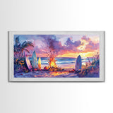 Surfboards And Bonfire At Sunset With Pumpkins, Tropical Beach Christmas Wall Art, Coastal Holiday Framed Canvas Print