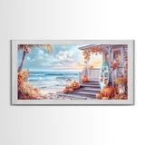 Fall Beachfront Porch With Pumpkins Autumn Decor Framed Canvas Print, Coastal Autumn Home Decor Wall Art Beach Vibes