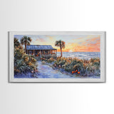 Tropical Beach House Autumn Sunset Scene With Pumpkins Framed Canvas Print, Coastal Fall Wall Art Perfect Gift Idea