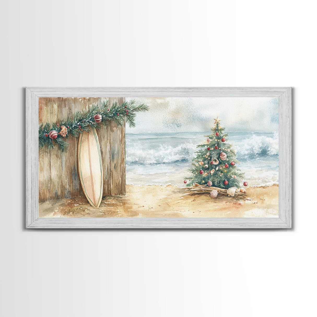 Christmas Tree On Sandy Beach With Surfboard Coastal Decor Framed Canvas Print, Beach Christmas Decor Wall Art