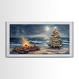 Cozy Bonfire On Beach With Christmas Tree Framed Canvas Print, Nighttime Winter Beach Holiday Wall Art And Coastal Decor