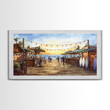 Beach Christmas Market Framed Canvas Print, Coastal Holiday Market Scene Wall Art, Christmas Decor Wall Art