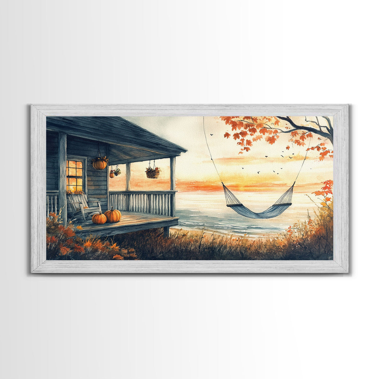 Cozy Autumn Porch with Pumpkins Framed Canvas Print, Warm Sunset Beach Scene Perfect Fall Seasonal Wall Art and Home Decor