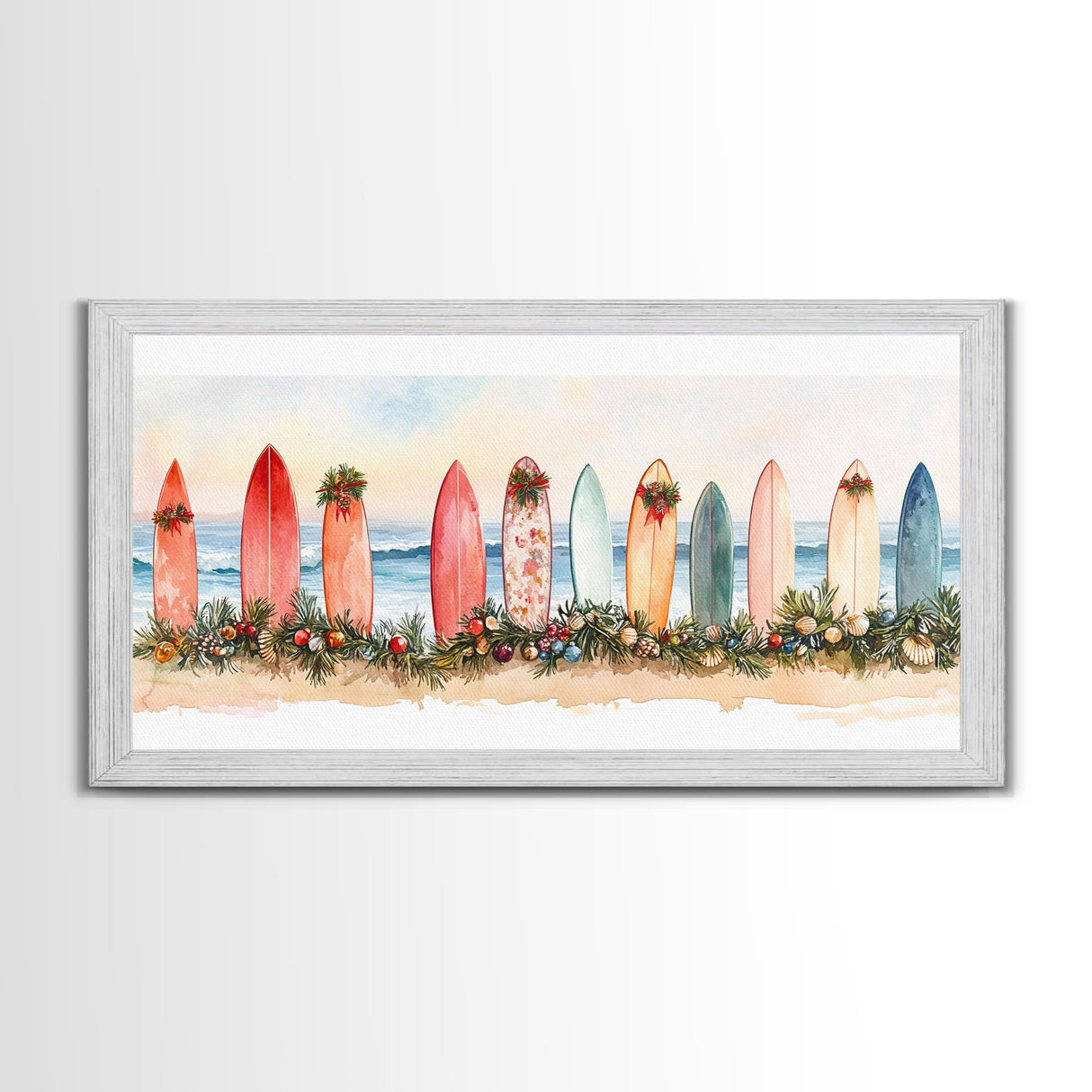 Surfboard Christmas Decor Framed Canvas Print, Coastal Holiday Scene with Festive Garland and Beachy Vibes Tropical Christmas Art