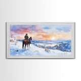 Lone Cowboy In Golden Prairie Framed Canvas Print Tall Art Rustic Autumn Landscape Western Country Decor Fall Home Wall Art Gift For Him