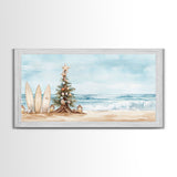 Beach Christmas scene with surfboards and decorated tree, tropical holiday art framed canvas print, perfect coastal seasonal decor