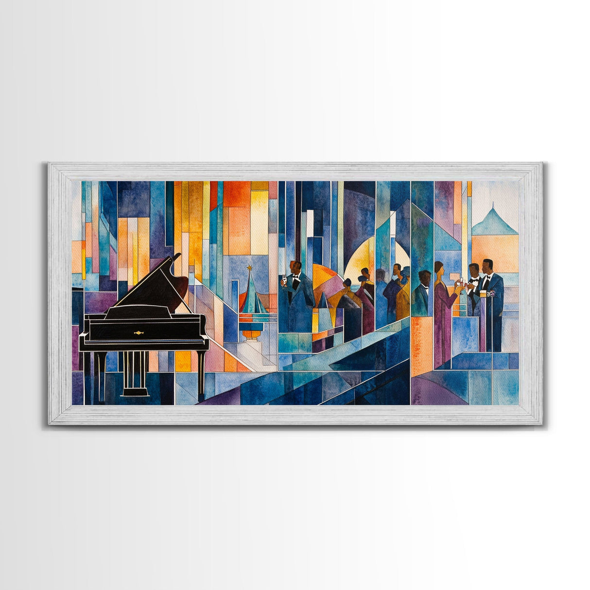 Abstract jazz party scene with grand piano, colorful stained glass aesthetic, framed canvas print ideal vibrant music wall art decor