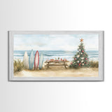 Surfboards and decorated tree on the beach, framed canvas print perfect coastal Christmas vacation decor holiday wall art