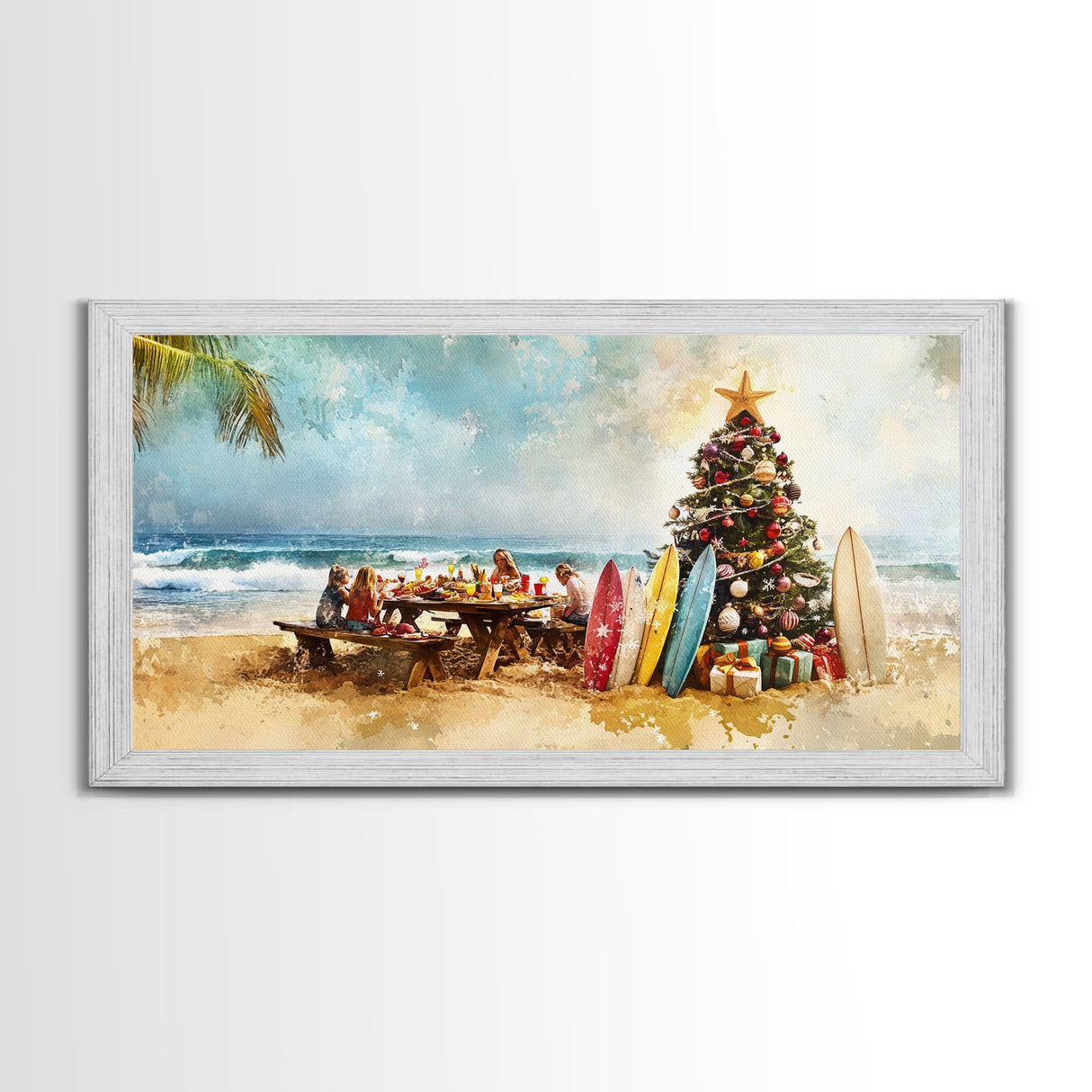 Christmas family picnic by the beach with surfboards and tree, framed canvas print tropical coastal holiday beach Christmas decor