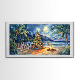 Hawaiian Christmas beach scene with bonfire and tree, framed canvas print perfect tropical holiday coastal decor wall art