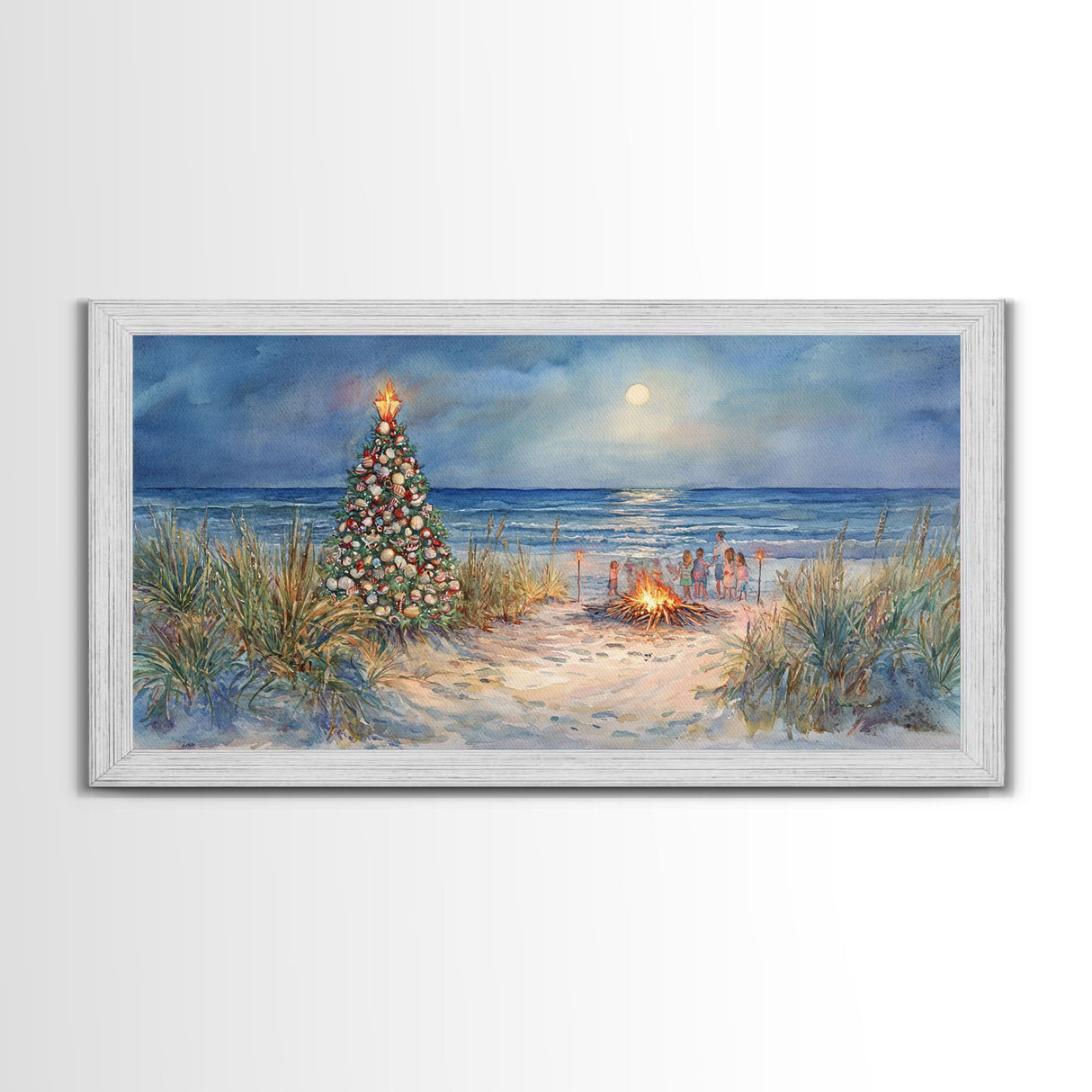 Beach Christmas family gathering by the ocean and bonfire, framed canvas print featuring tropical holiday decor wall art