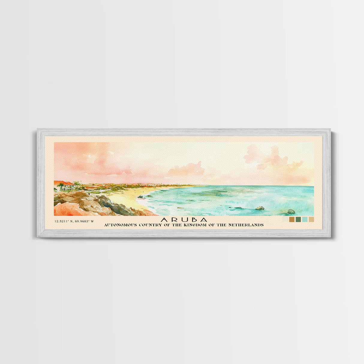 Aruba, autonomous country of the Kingdom of the Netherlands Watercolor Beach Print, Vacation Gift, autonomous country of the Kingdom of the Netherlands Wall Art, Framed Canvas Print, Framed Beach Painting