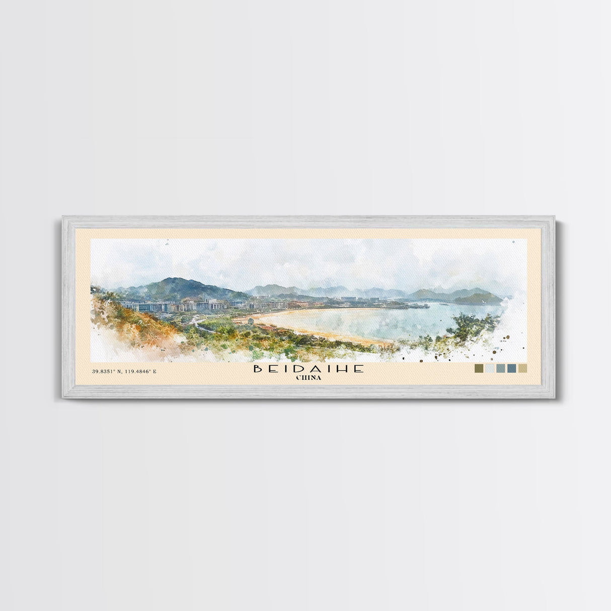 Beidaihe, China Watercolor Beach Print, Vacation Gift, China Wall Art, Framed Canvas Print, Framed Beach Painting