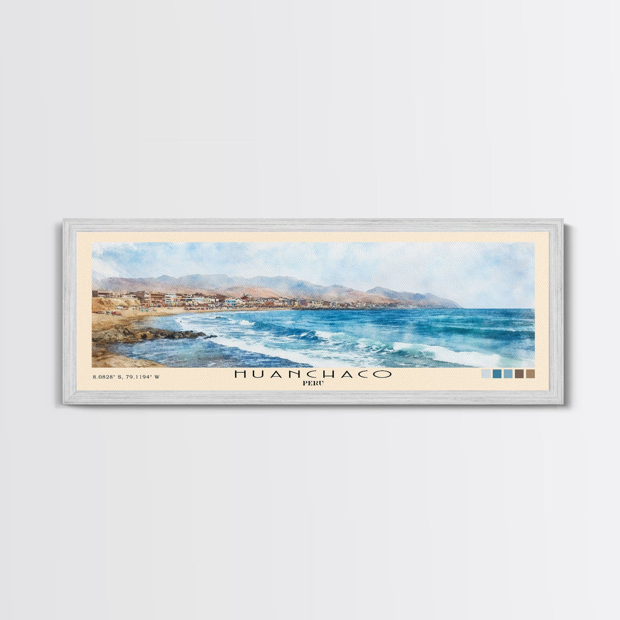 Huanchaco, Peru Watercolor Beach Print, Vacation Gift, Peru Wall Art, Framed Canvas Print, Framed Beach Painting