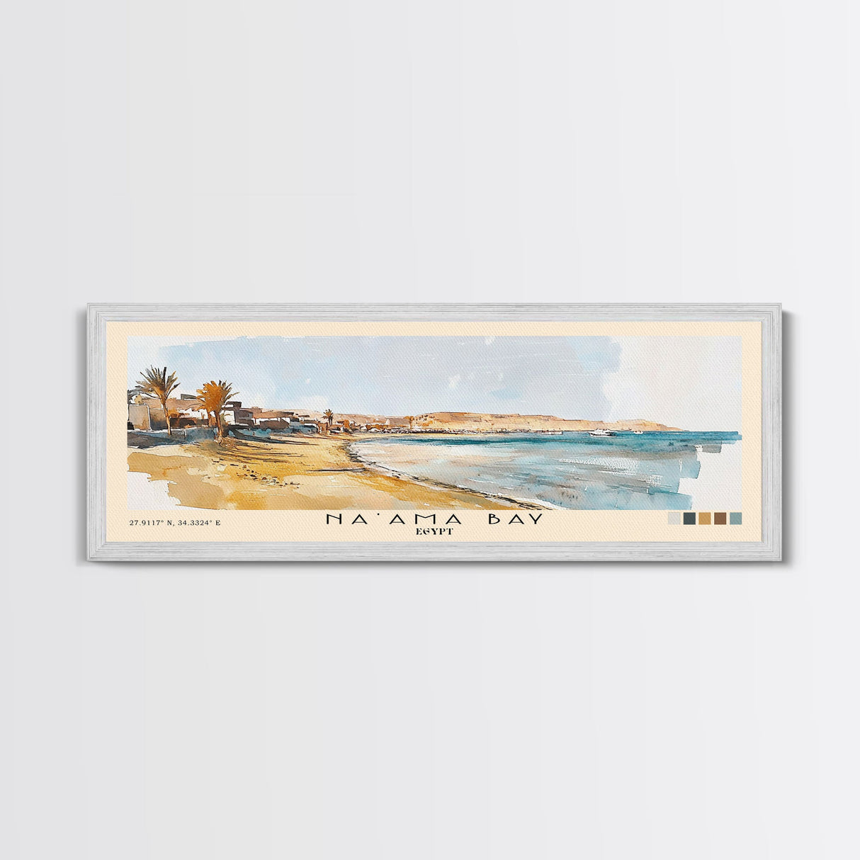 Na’ama Bay, Egypt Watercolor Beach Print, Vacation Gift, Egypt Wall Art, Framed Canvas Print, Framed Beach Painting