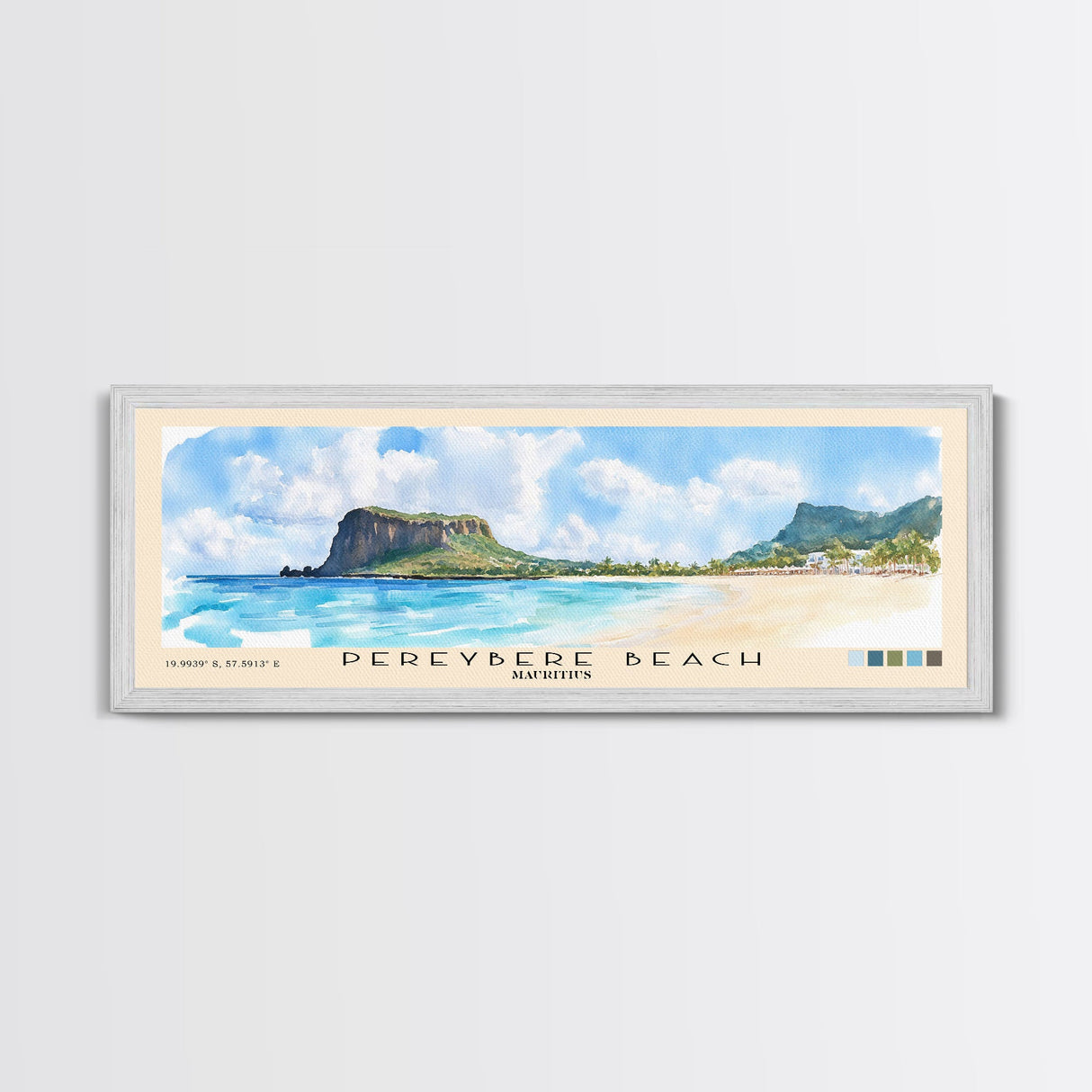 Pereybere Beach, Mauritius Watercolor Beach Print, Vacation Gift, Mauritius Wall Art, Framed Canvas Print, Framed Beach Painting