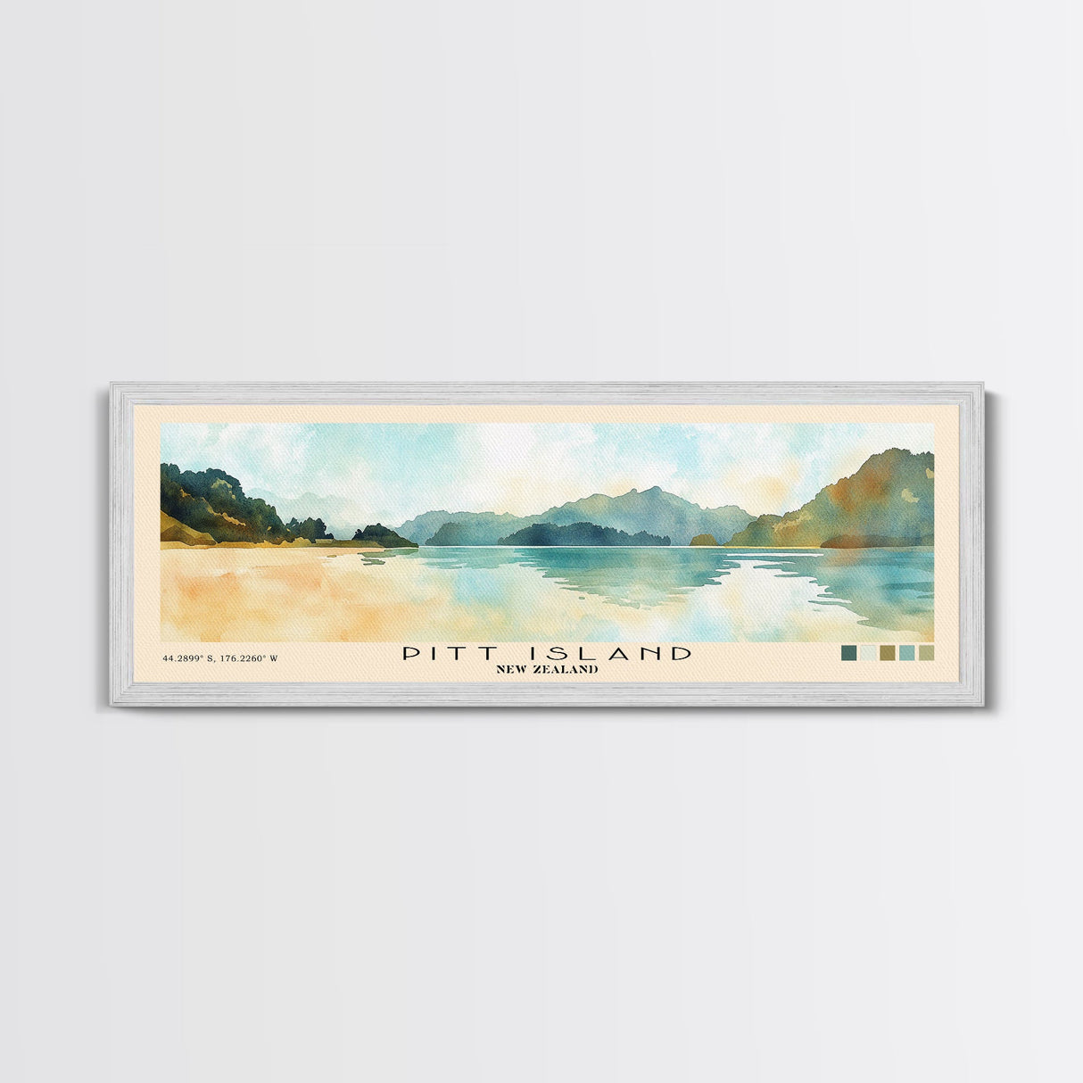 Pitt Island, New Zealand Watercolor Beach Print, Vacation Gift, New Zealand Wall Art, Framed Canvas Print, Framed Beach Painting