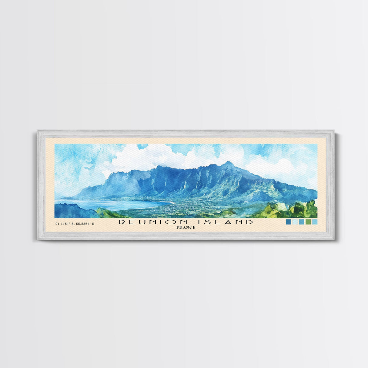 Reunion Island, France Watercolor Beach Print, Vacation Gift, France Wall Art, Framed Canvas Print, Framed Beach Painting