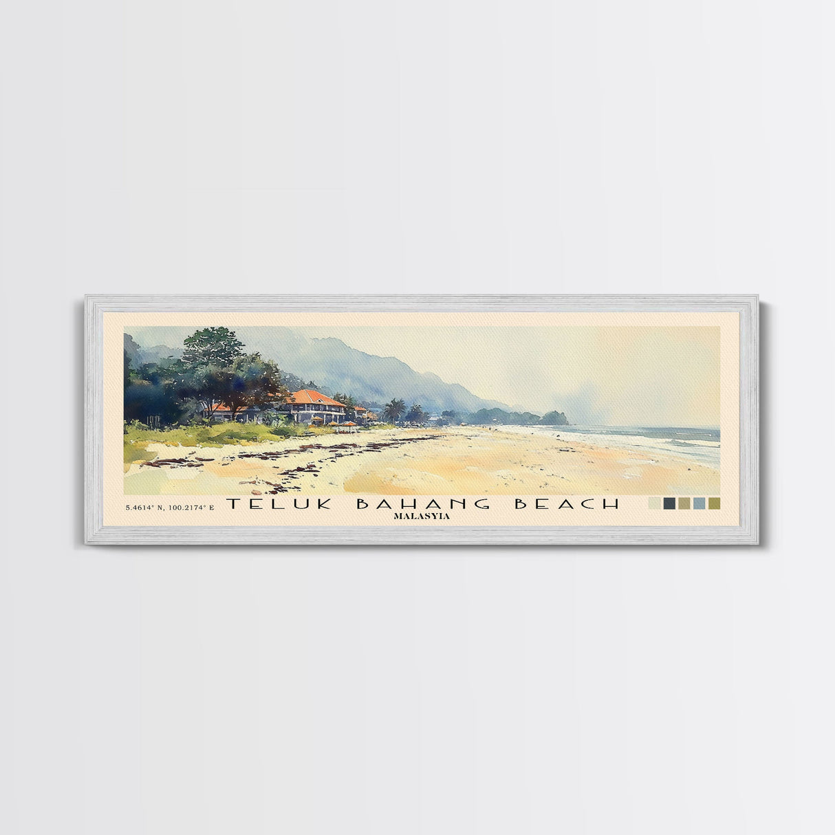 Teluk Bahang Beach, Malasyia Watercolor Print, Vacation Gift, Malasyia Wall Art, Beach Painting, Beach Decor, Large Wall Art, Wood Frame Art