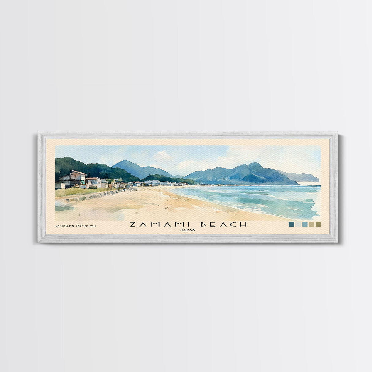 Zamami Beach, Japan Watercolor Beach Print, Vacation Gift, Japan Wall Art, Framed Canvas Print, Framed Beach Painting