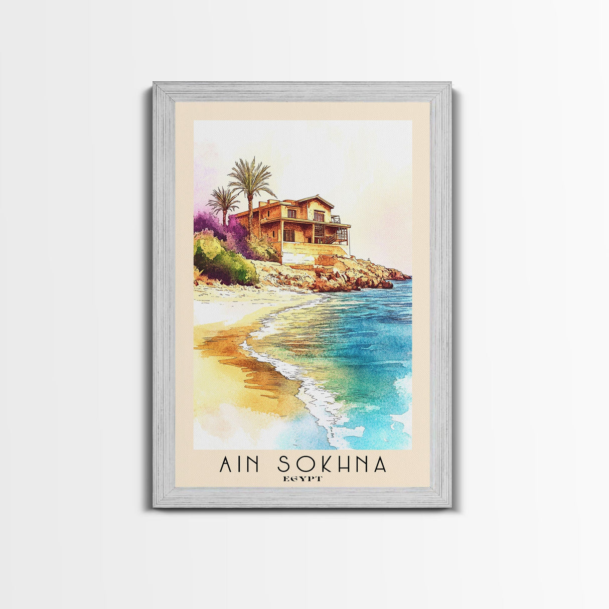 Ain Sokhna, Egypt Watercolor Print, Vacation Gift, Egypt Wall Art, Beach Painting, Beach Decor, Large Wall Art, Wood Frame Art