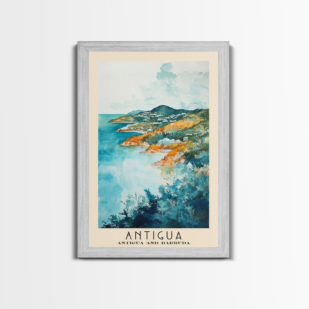 Antigua, Antigua and Barbuda Watercolor Beach Print, Vacation Gift, Antigua and Barbuda Wall Art, Framed Canvas Print, Framed Beach Painting