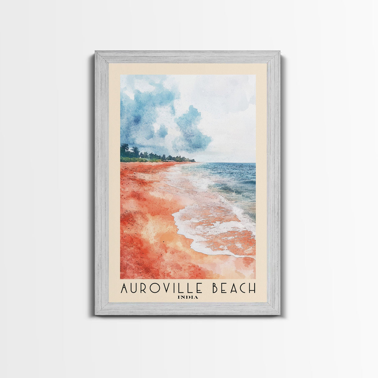 Auroville Beach, India Watercolor Beach Print, Vacation Gift, India Wall Art, Framed Canvas Print, Framed Beach Painting