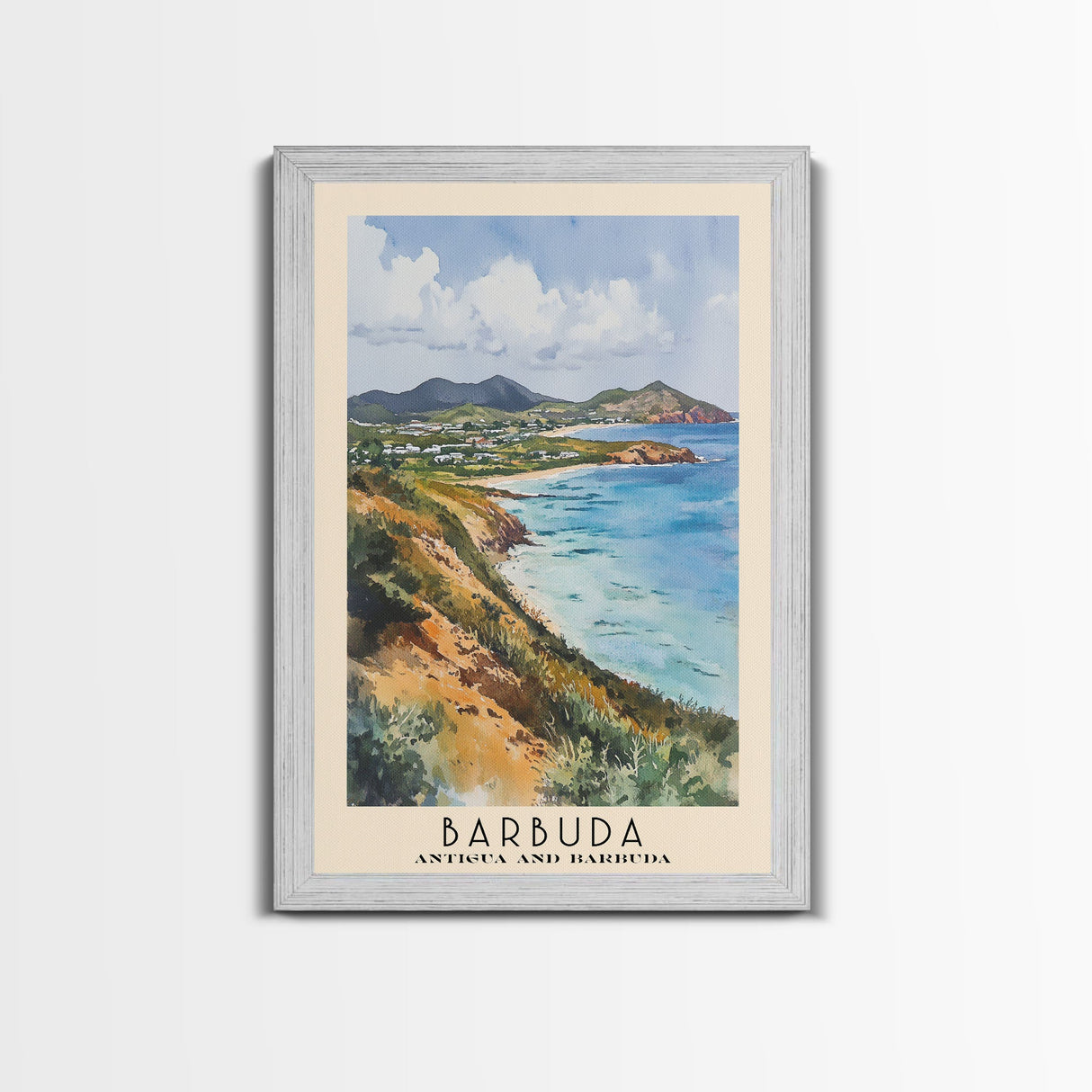 Barbuda, Antigua and Barbuda Watercolor Beach Print, Vacation Gift, Antigua and Barbuda Wall Art, Framed Canvas Print, Framed Beach Painting