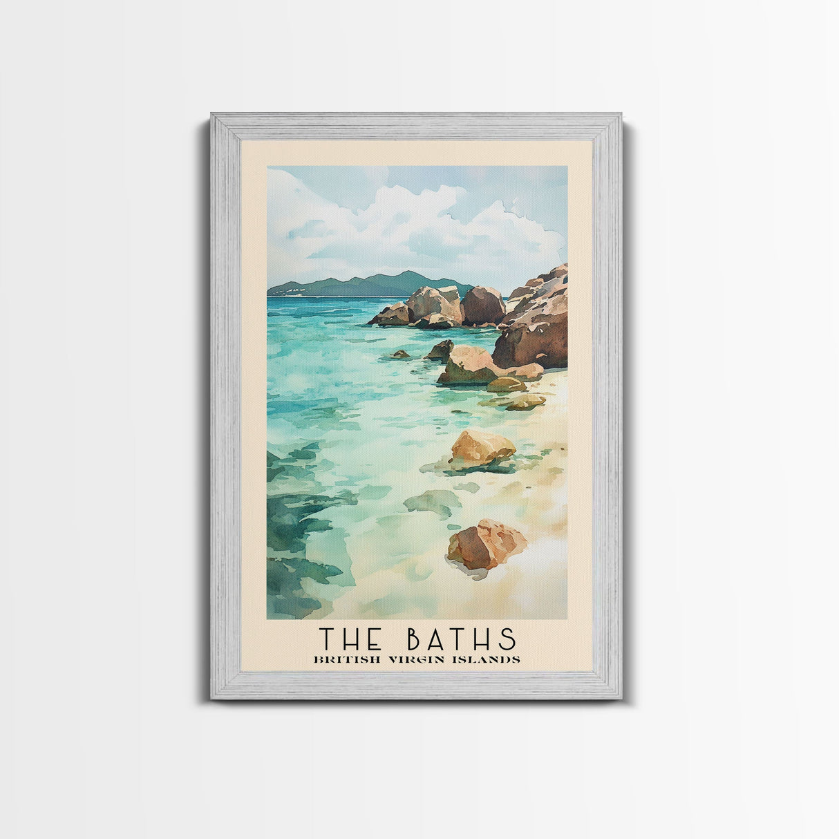 The Baths, British Virgin Islands Watercolor Beach Print, Vacation Gift, British Virgin Islands Wall Art, Framed Canvas Print, Framed Beach Painting