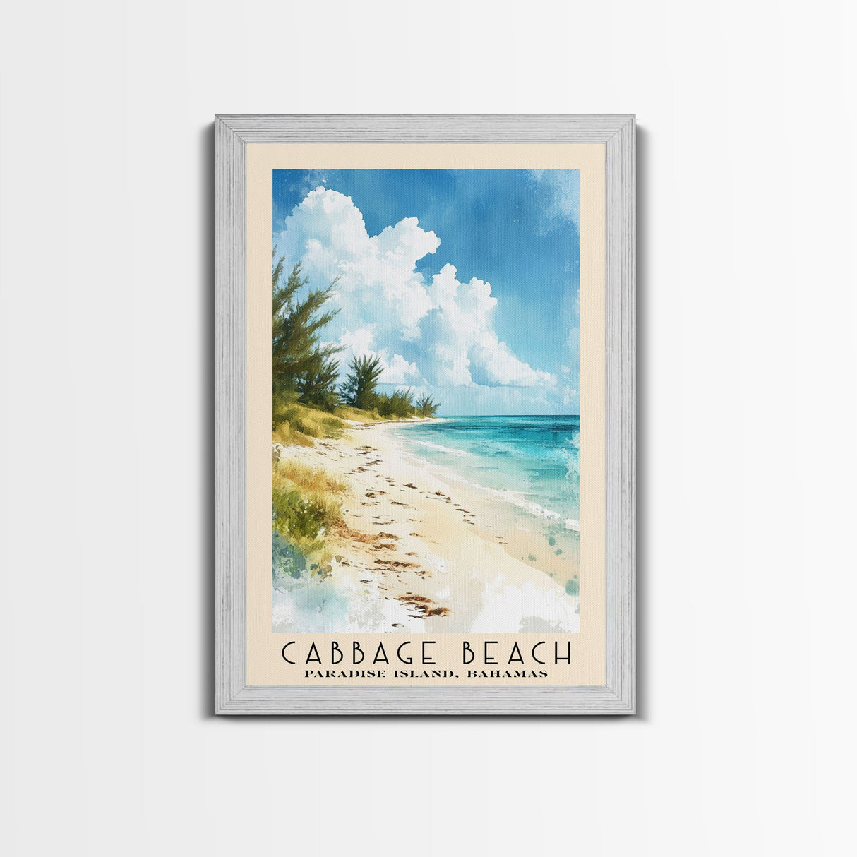 Cabbage Beach, Paradise Island, Bahamas Watercolor Beach Print, Vacation Gift, Paradise Island, Bahamas Wall Art, Framed Canvas Print, Framed Beach Painting