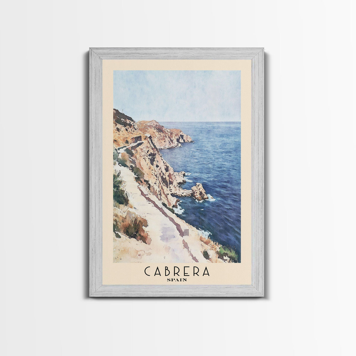 Cabrera, Spain Watercolor Beach Print, Vacation Gift, Spain Wall Art, Framed Canvas Print, Framed Beach Painting