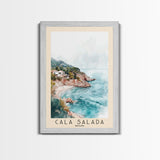 Cala Salada, Spain Watercolor Beach Print, Vacation Gift, Spain Wall Art, Framed Canvas Print, Framed Beach Painting